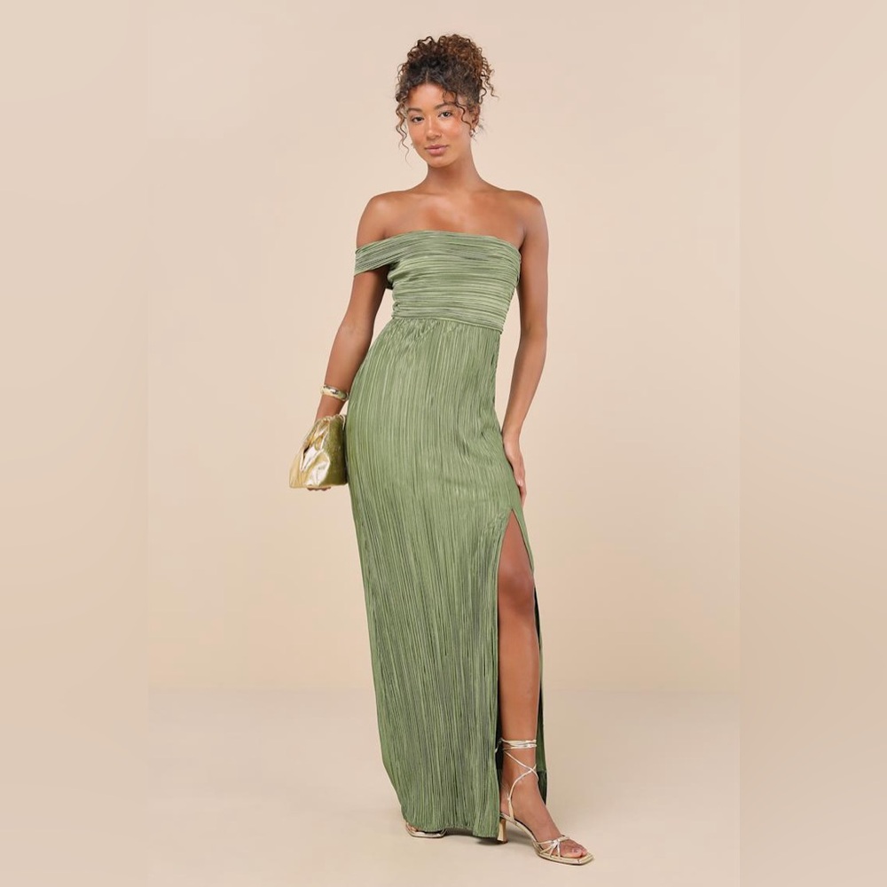 Lulus Poised Performance Olive Green Plisse One-Shoulder Maxi Dress small